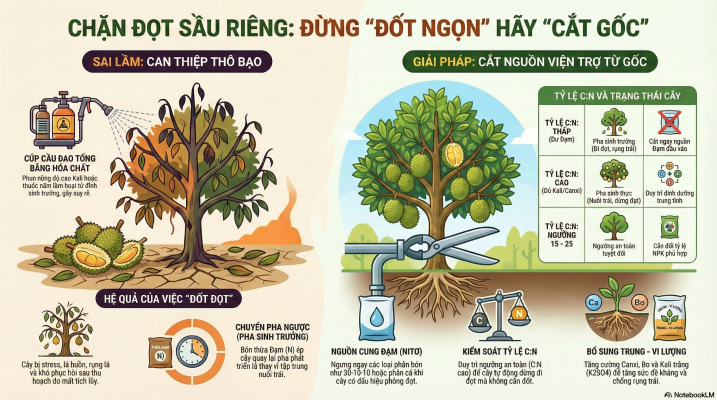 Chặn đọt sầu riêng đúng cách bằng việc cắt nguồn dinh dưỡng từ gốc, tránh đốt đọt gây sốc cây và rụng trái non