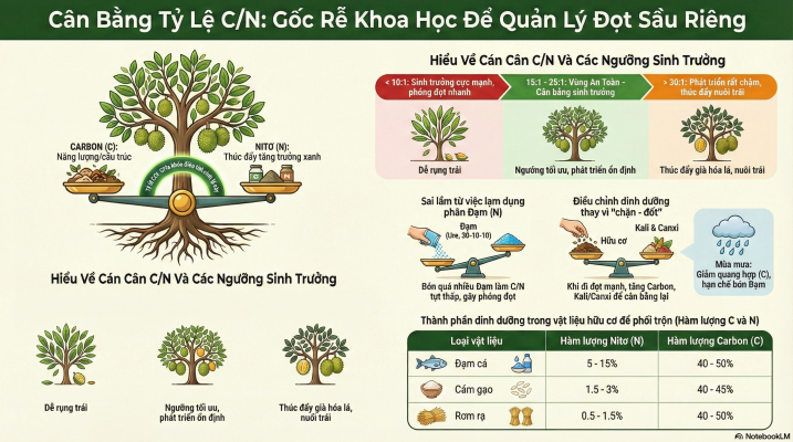 Cân bằng tỷ lệ C/N trong đất giúp chặn đọt sầu riêng tự nhiên, hạn chế rụng trái non khi xổ nhụy