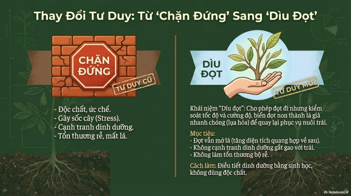 Thay đổi tư duy chặn đọt sầu riêng sang phương pháp dìu đọt sinh học an toàn cho bộ rễ
