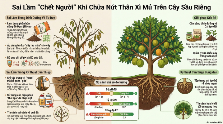 Sai lầm phổ biến khi chữa nứt thân xì mủ sầu riêng và giải pháp xử lý từ gốc bằng cân bằng dinh dưỡng