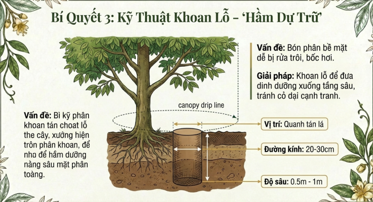 Xử lý ra hoa sầu riêng bằng kỹ thuật khoan lỗ bón phân sâu