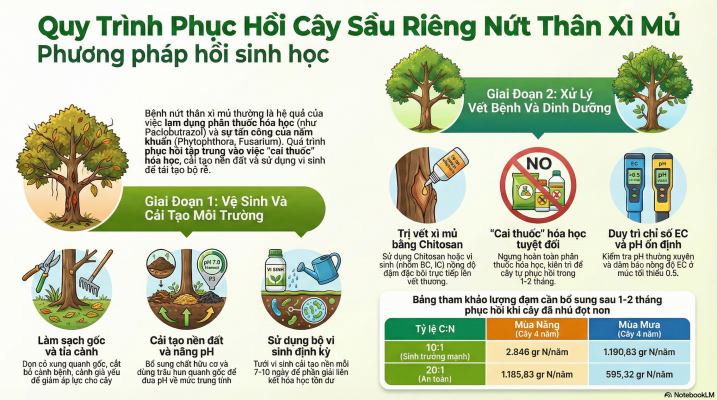 Quy trình phục hồi cây sầu riêng bị nứt thân xì mủ theo phương pháp sinh học bền vững