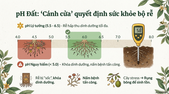 pH đất lý tưởng 5.5 đến 6.5 giúp sầu riêng xổ nhuy hạn chế rụng bông và giữ khỏe bộ rễ