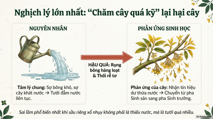 Sai lầm tưới quá nhiều nước khi sầu riêng xổ nhuy gây rụng bông và thối rễ tơ