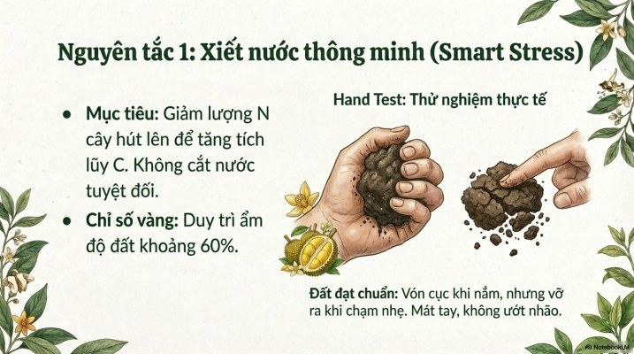 Nguyên tắc xiết nước thông minh khi sầu riêng xổ nhuy duy trì độ ẩm đất 60% để giữ bông và tăng tỷ lệ đậu trái