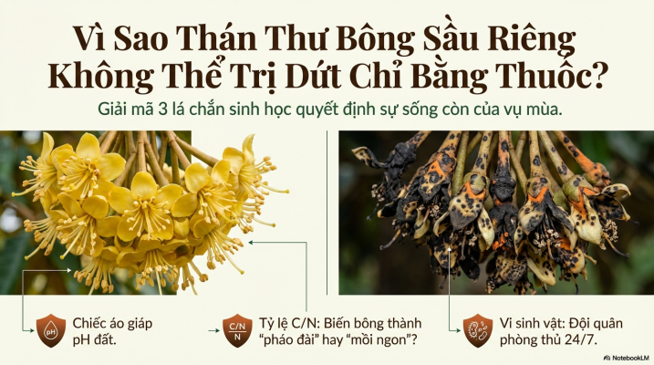 So sánh bông sầu riêng khỏe mạnh và bông bị thán thư bông sầu riêng