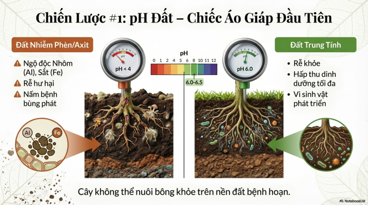 pH đất ảnh hưởng trực tiếp đến thán thư bông sầu riêng và sức khỏe rễ cây