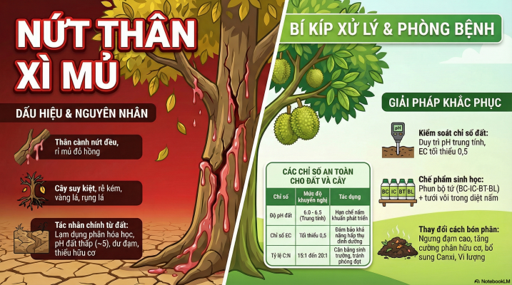 Dấu hiệu, nguyên nhân và cách xử lý nứt thân xì mủ trên cây sầu riêng hiệu quả