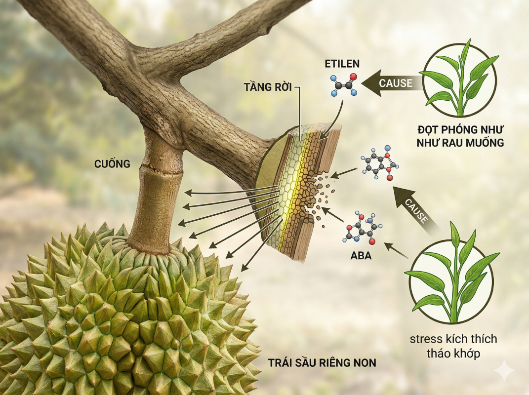 Sơ đồ cơ chế hình thành tầng rời gây tháo khớp và rụng trái sầu riêng