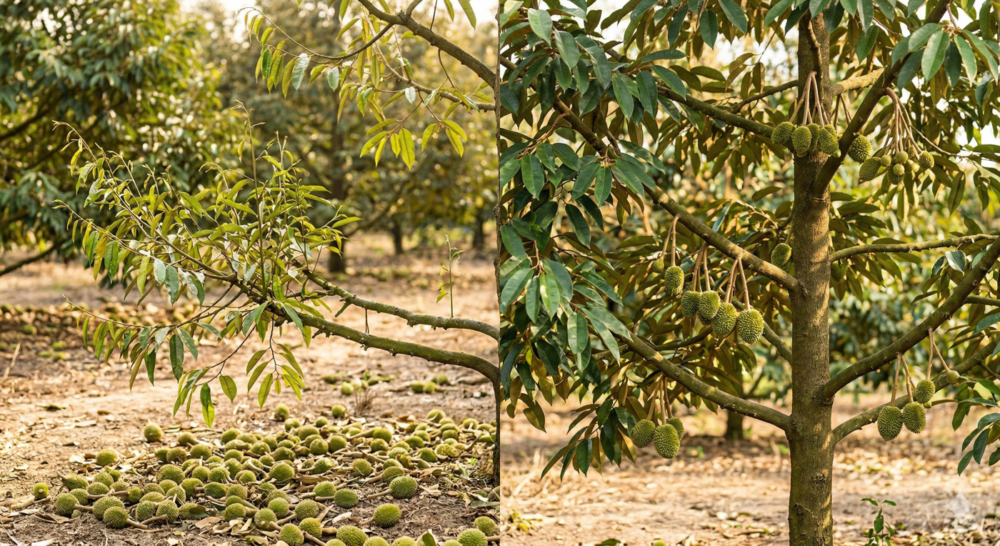 So sánh cây sầu riêng bị rụng trái do đi đọt và cây đậu trái nhờ chống rụng trái sầu riêng đúng cách