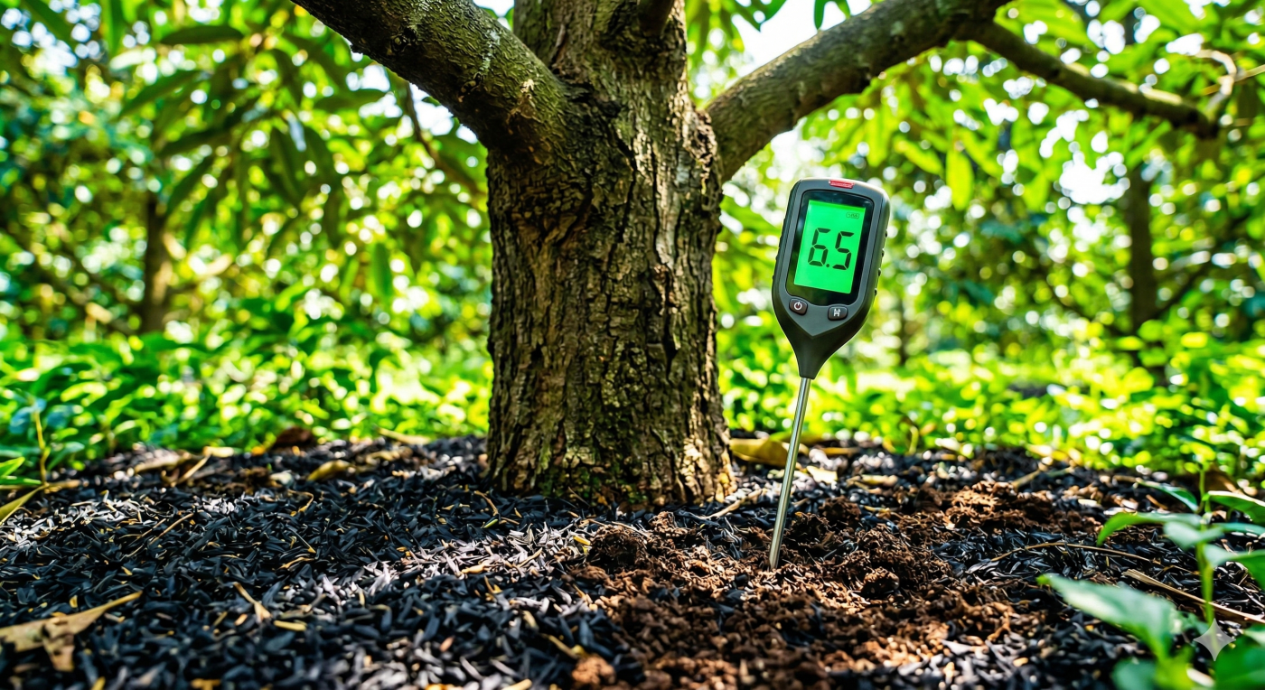 Bút đo pH đất hiển thị chỉ số 6.5 tại gốc cây sầu riêng có rải trấu hun.