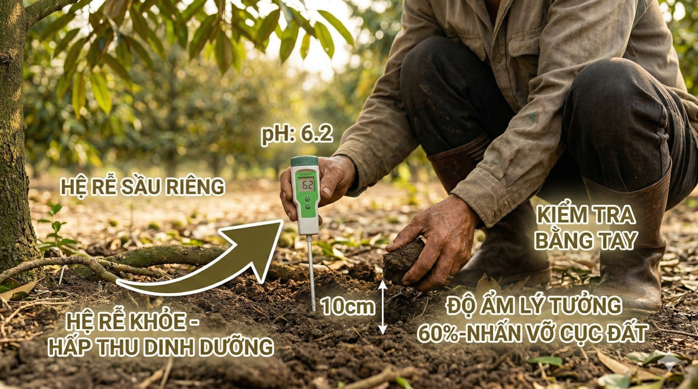 Kiểm tra pH và độ ẩm đất để bảo vệ rễ và chống rụng trái sầu riêng.