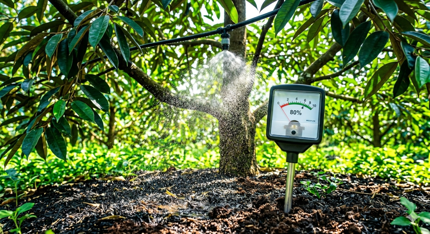 Máy đo độ ẩm đất hiển thị mức 80% dưới hệ thống tưới phun sương sầu riêng.