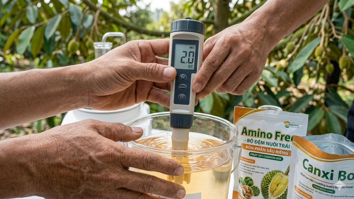 Kỹ thuật bón phân sầu riêng hòa nước đo nồng độ EC chuẩn 2.0