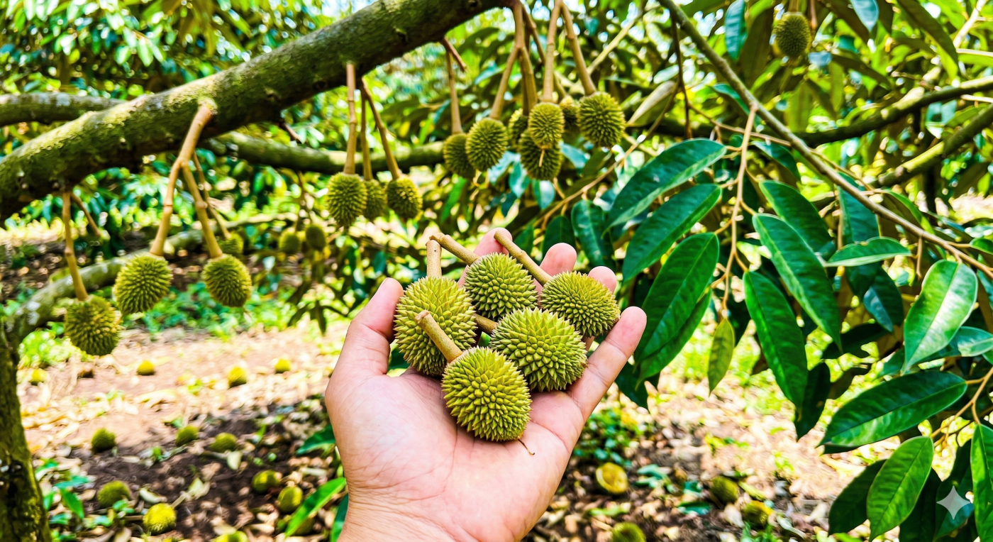 Cận cảnh một bàn tay đang cầm những trái sầu riêng non vừa mới rụng khỏi cây, dưới mặt đất có nhiều trái rụng khác.