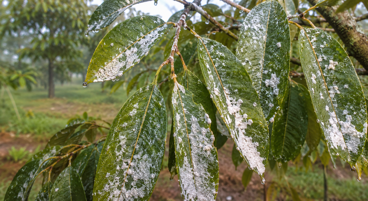 mảng trắng kết tủa bám trên lá cây do dùng canxi vô cơ hạt phân tử lớn gặp mưa