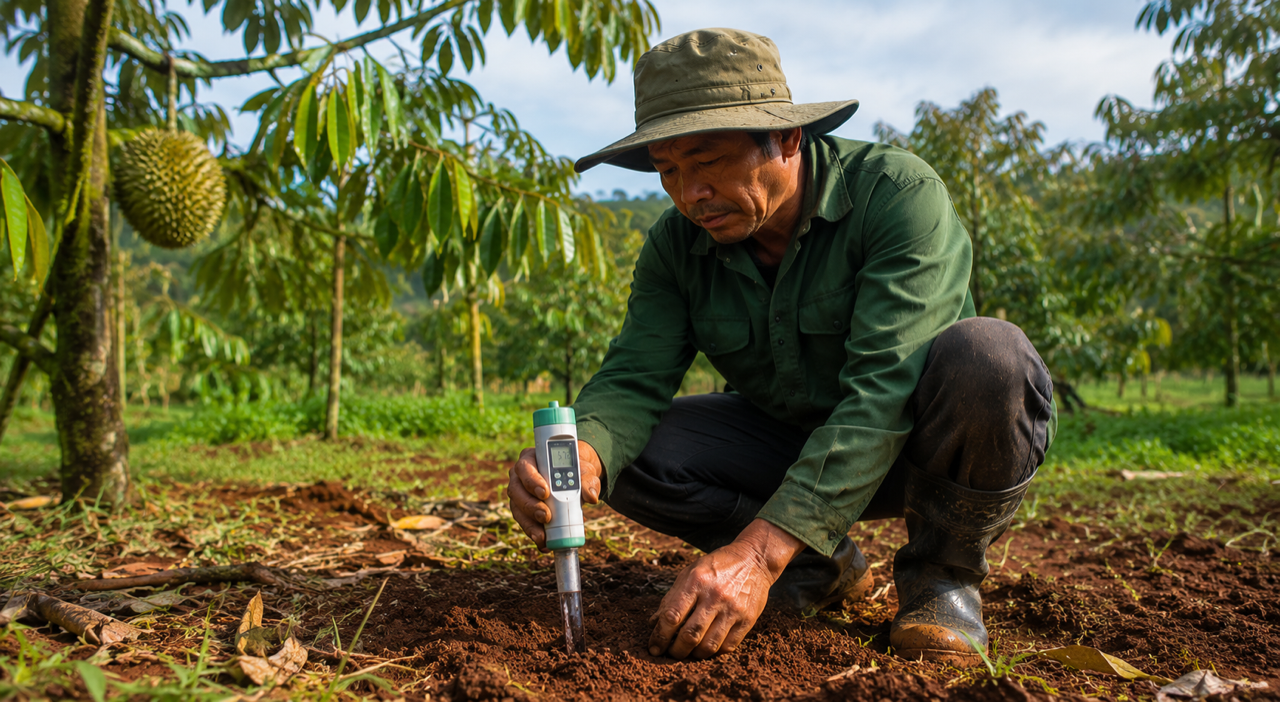 nông dân cắm bút đo pH điện tử vào đất đỏ bazan vườn sầu riêng Tây Nguyên