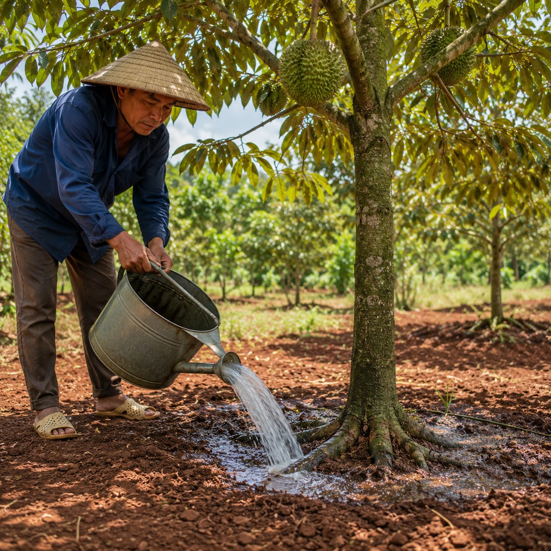 Nhà vườn tưới nước vôi trong quanh gốc cây để cải tạo đất chua