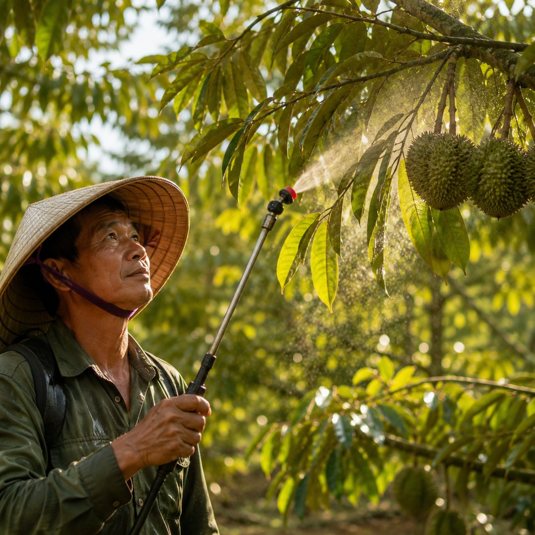 Nhà vườn phun bình thuốc lên mặt dưới lá bổ sung vi lượng qua đường lá