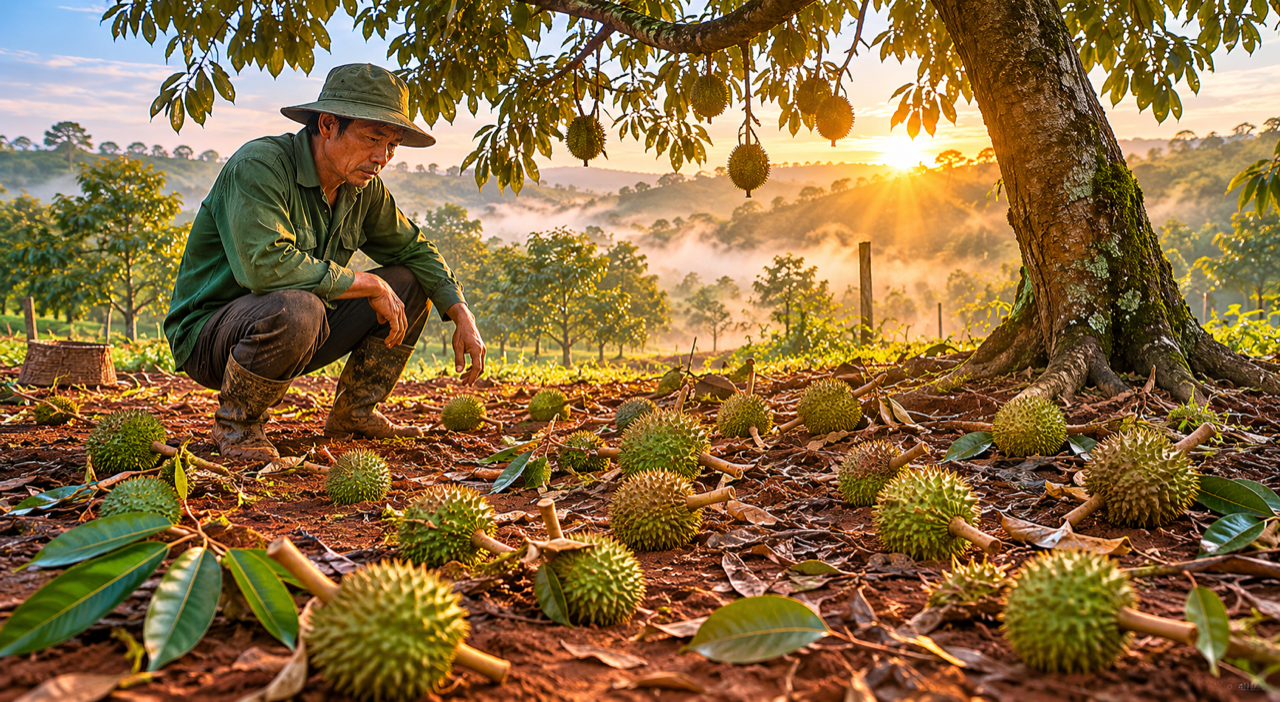 nông dân đứng trong vườn sầu riêng nhìn trái non rụng dưới gốc sau khi đã phun canxi