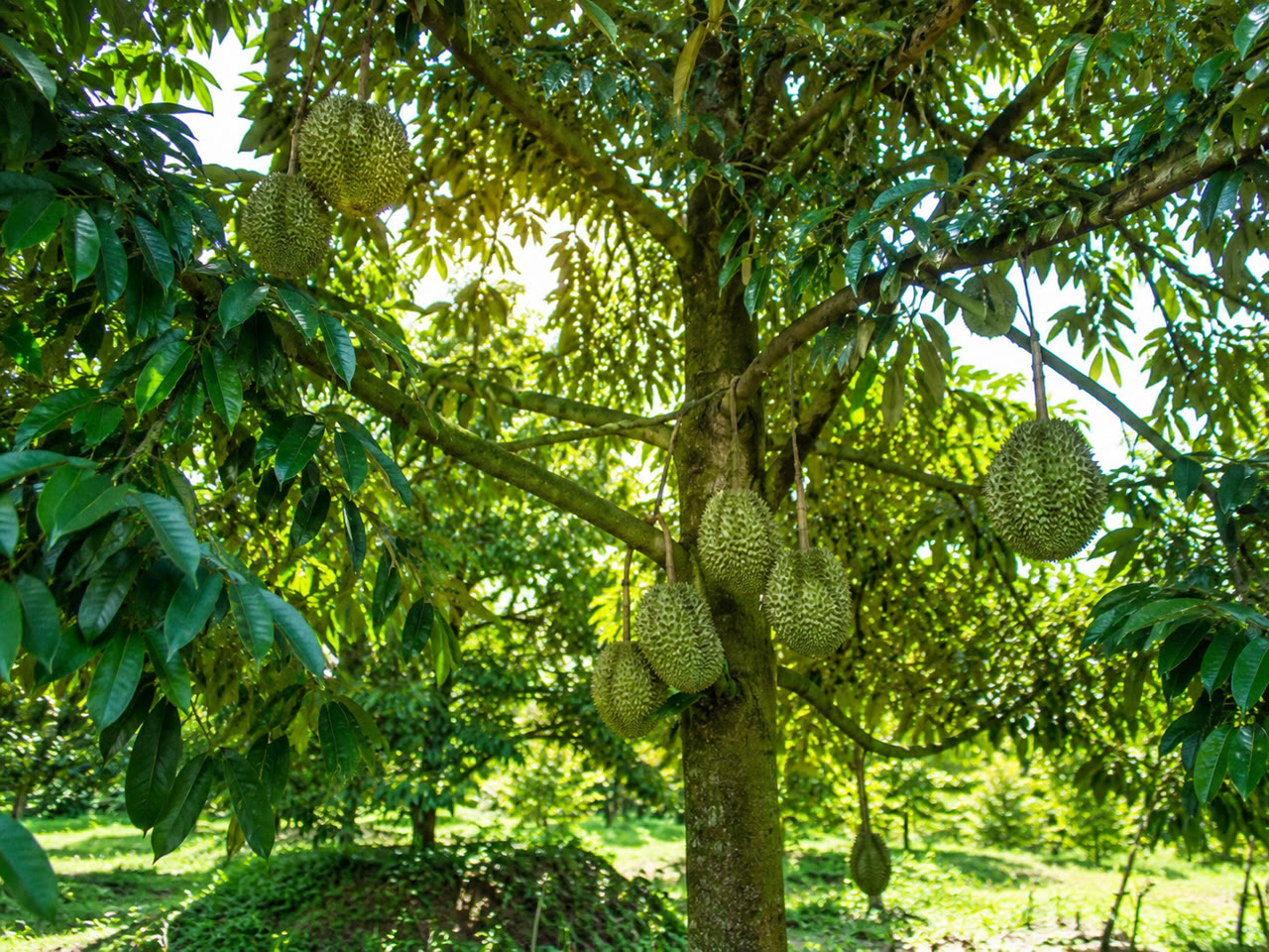 Cây sầu riêng bộ lá xanh dày khỏe và sai trái