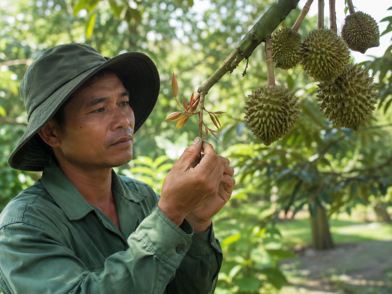 Nông dân kiểm tra cơi đọt non cạnh chùm trái sầu riêng