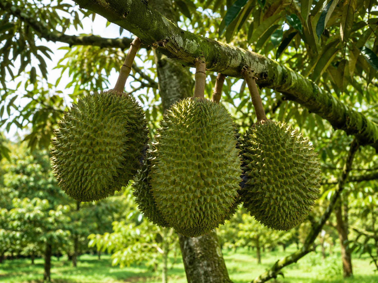 Chùm trái sầu riêng vỏ xanh dày gai cứng khỏe